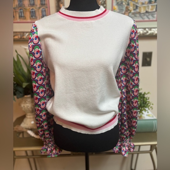 FATE Anthropologie Crew Neck White Sweater with Silky Patterned Sleeves Sz M - Picture 4 of 12